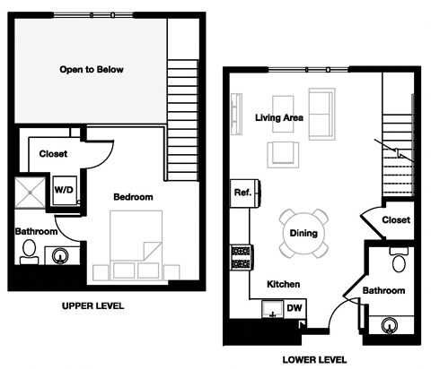 Floor plan for 1 bed, 1.5 baths, 771 sqft